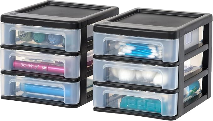 IRIS USA 2-Pack, 3-Drawer Small Plastic Stacking Desktop Organizer, Black | Organize office supplies, stationery, makeup, craft materials and everyday essentials for neat desktop storage