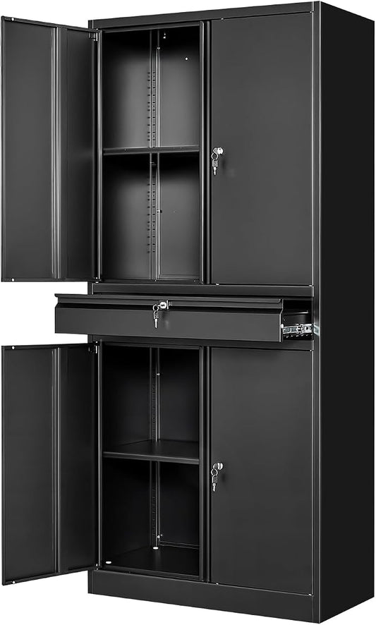 Black Metal Storage Cabinet with Lock, 71" Tall Garage Storage Cabinets with Doors and Shelves, Lockable Tool Caninet Steel Locking Cabnets File Cabinet for Home Office, Garage, Pantry