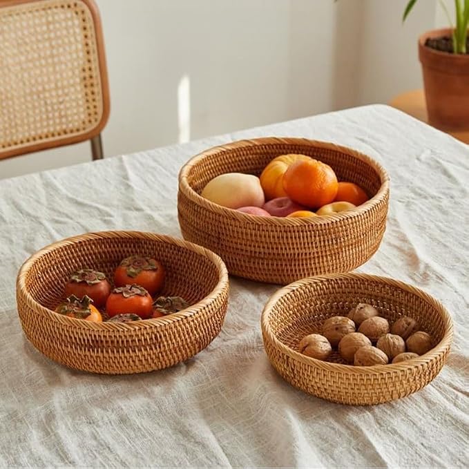 Rattan Bread Basket, Hand Woven Fruit Basket, Wicker Serving Basket Bowl, Decorative Baskets for Kitchen Counter Organizing, Set of 3 (Round)