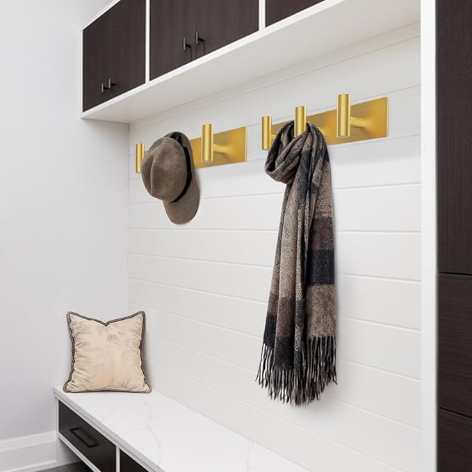 Bntuk Coat Rack Wall Mount - 3 Coat Hooks, Towel Racks for Bathroom Robes Bags Keys, Hat Rack Wall Towel Hooks Organizer (Gold)