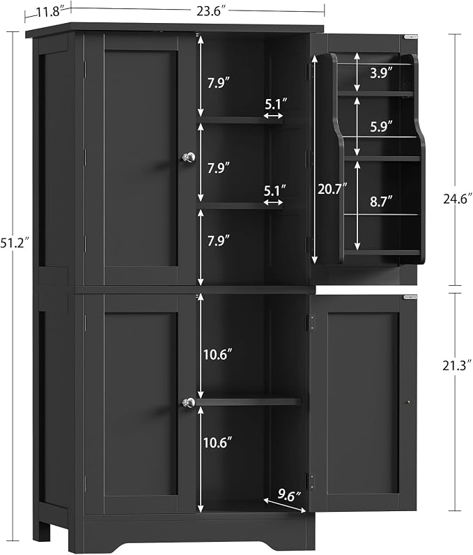 51" H Pantry Cabinet with 4 Doors, Kitchen Cabinet with 6 Door Shelves, Kitchen Pantry for Living Room, Dining Room, Bathroom, Black