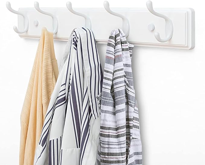 Badiano Wooden Coat Rack, Wall-Mounted Organizer for Closet, Entryway, Hallway, Foyer, Bedroom, Heavy Duty Double Hooks for Hanging Towels, Bags, Hats, Jackets, Key (White, 5 Hooks)