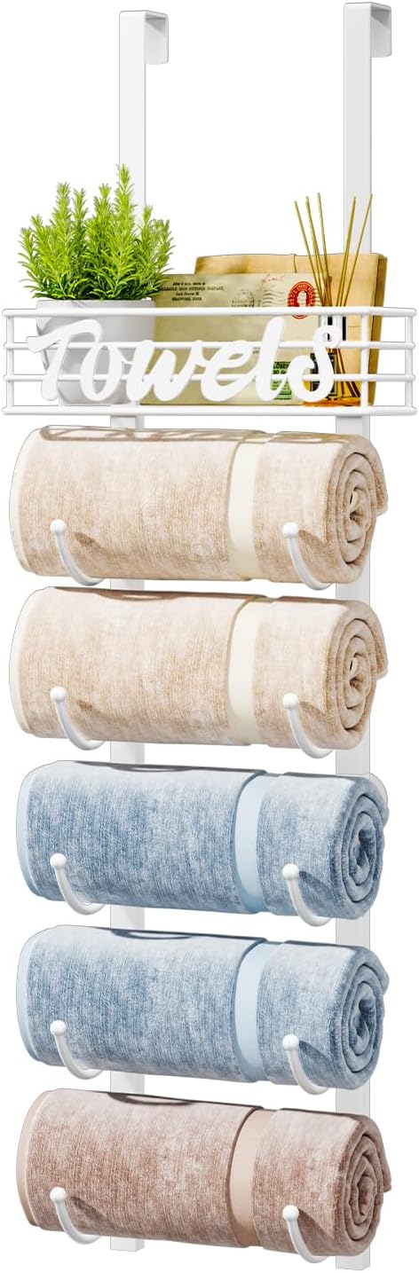 HapiRm Towel Racks for Bathroom Storage - 6 Tier Over The Door & Wall Mount Rolled Towel Storage Organizer Holder with Metal Shelf Basket for Small Bathroom, Camper, Rv - White, Patented