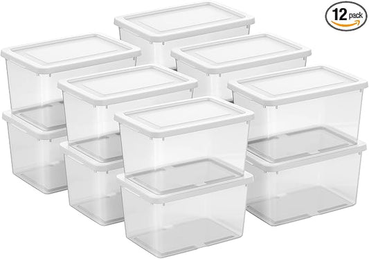 Sterilite Storage Box, Stackable Clear Plastic Bins, 20 Quart, 12-Pack | Heavy-Duty Organizing Containers with Snap-On Lids for Closet, Bathroom, and Office