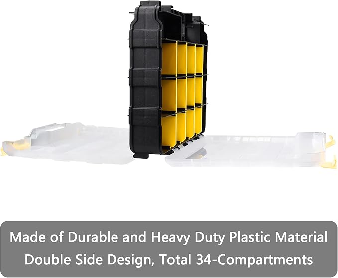 Tools Organizer Box Small Parts Storage Box 34-Compartment Double Side Hardware Organizers with Removable Plastic Dividers for Screws, Nuts, Nails, Bolts