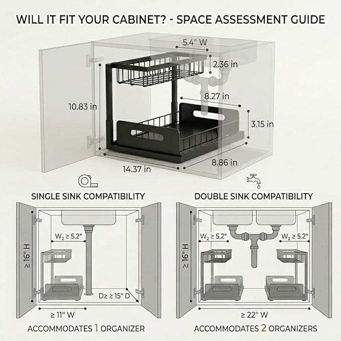 Under Sink Organizer, 2-Tier Pull-Out Metal Drawer, 2 Pack | Black metal 2-pack with lower pull-out drawers and fixed upper baskets for kitchen, bathroom and cabinet storage