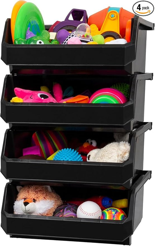 ReadySpace Extra Large Plastic Storage Bins, Stackable Organizer Containers for Closet Pantry Shelf Garage and Office Organization, Black, 4 Pack | Open-Front Stackable Bins For Garage, Pantry, Closet & Office, 14,8"L X 16,5"W X 7"H, Nests When Empty, ...