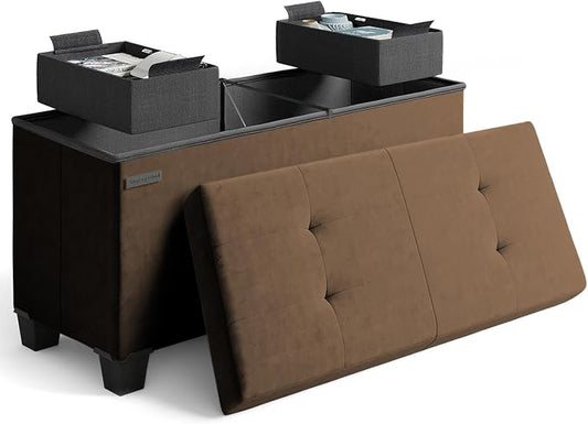 Storage Ottoman Bench with Bins, 30-in Storage Bench for Bedroom End of Bed, Folding Foot Rest Ottoman for Living Room Max 660lbs, Velvet Ottomans, Brown