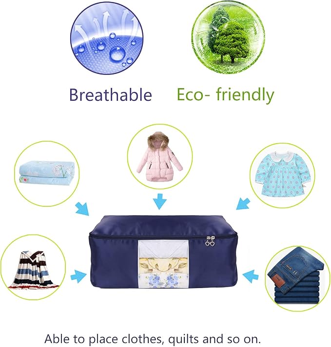Comforter Storage Bags Pack of 2,Pillow Beddings/Blanket Clothes Organizer Storage Containers with Zippers,Breathable and Moistureproof(Navy blue 2pcs, XXL)