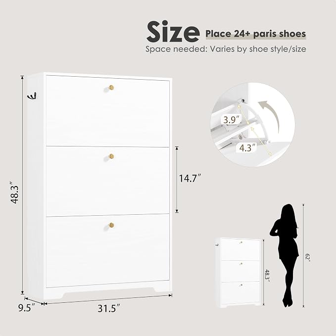 Nicetree Shoe Cabinet with 3 Flip Drawers, Modern Entryway Organizer, White | Narrow Shoe Organizer, Freestanding Shoe Rack Cabinet, Modern Shoe Storage Cabinet for Entryway, Hallway, Foyer, With Hook