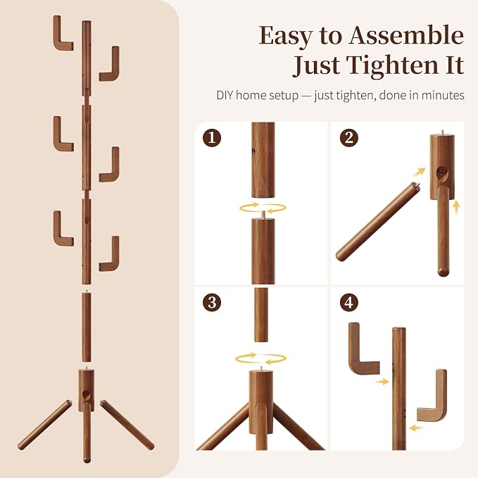 Yoobure Solid Wood Coat Rack - Cactus Coat Tree Freestanding with 8 Hooks, Coat Hanger Stand with 3 Adjustable Sizes for Jacket, Hat, Clothes Stands for Hall, Entryway, Bedroom, Office, Living Room