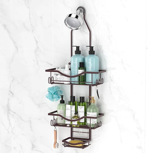 REINHARDT Adjustable Shower Caddy Hanging Over Shower Head, Bronze | Rustproof Shower Organizer, Extra Long, No Drilling, Anti-Slip, Fast Draining, Soap Holder, 12 Hooks, Bathroom Accessories