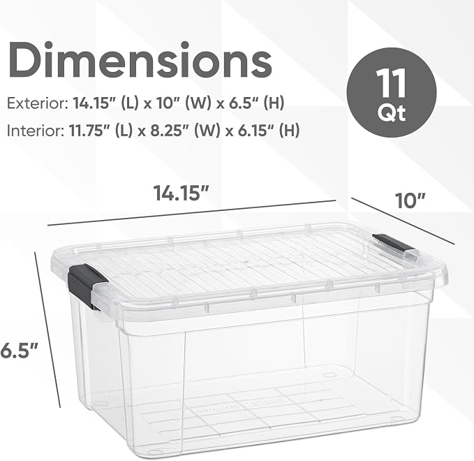 Superio Small Clear Plastic Storage Bin with Lid, 11 Qt, Non-Toxic, BPA Free, Odor Free, Organizer Storage Box, Stackable Plastic Tote for Home, Garage, School, and Office