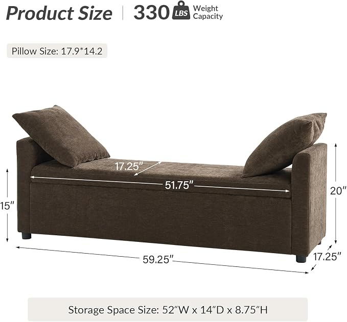 HULALA HOME 59" Storage Bench with 2 Throw Pillows & Armrests, Taupe | Modern Long Bedroom Bench for End of Bed, Comfy Upholstered Fabric Footstool for Entryway Living Room