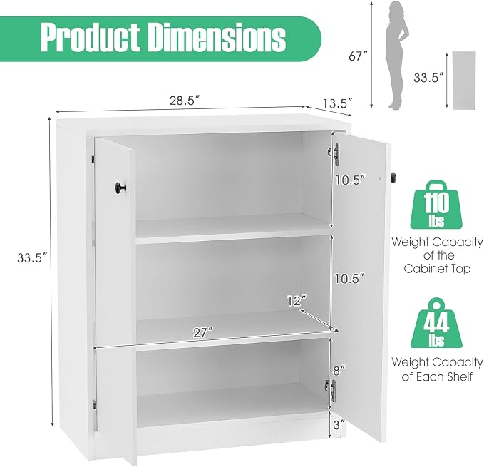 Giantex 2 Door Storage Base Cabinet (White) | 3-Tier Base Cabinet with Non-Slip Foot Pads, Kitchen Cupboard Storage Organizer for Living Room, Hallway, Entryway, Office
