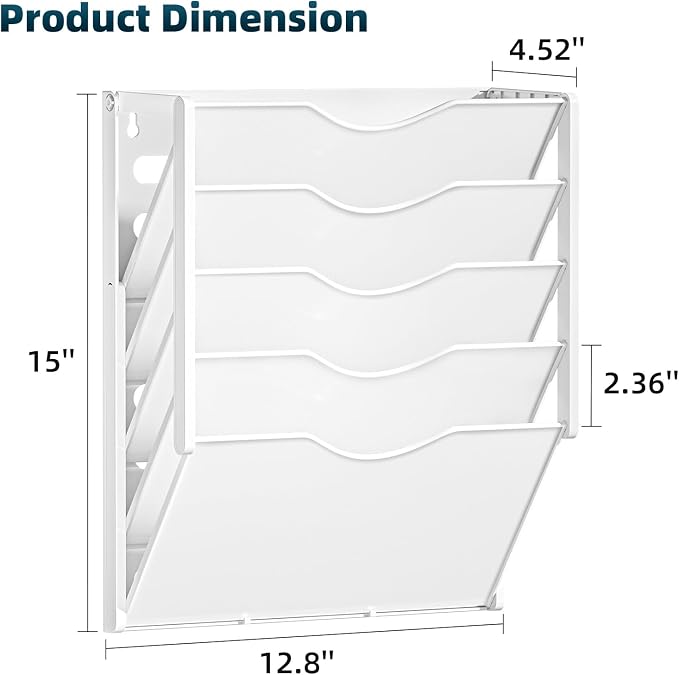 Marbrasse 5 Tier Wall File Organizer, Plastic Hanging File Holder for Mail, Magazines Paper Organizer Wall Mounted for Office Home (White)