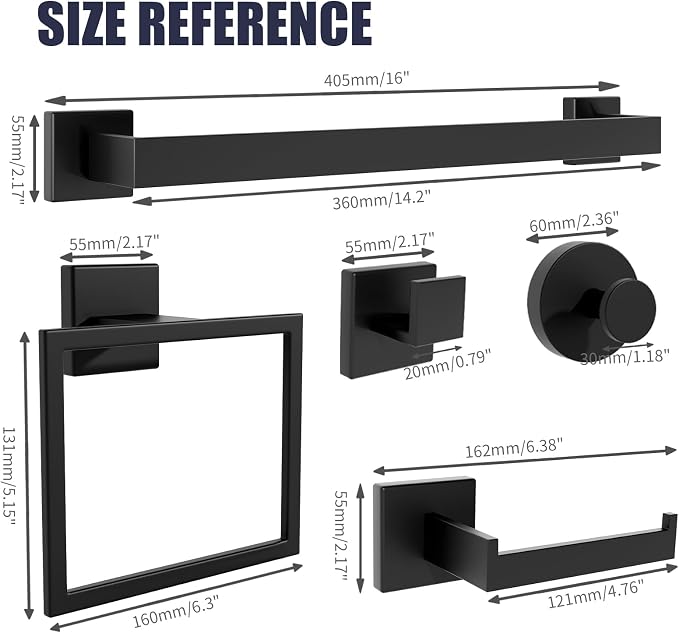 Bathroom Hardware Accessories Set: Bath Towel Bar Set, Towel Racks for Bathroom Wall Mounted, SUS304 Stainless Steel (Matte Black, 7-Pieces)