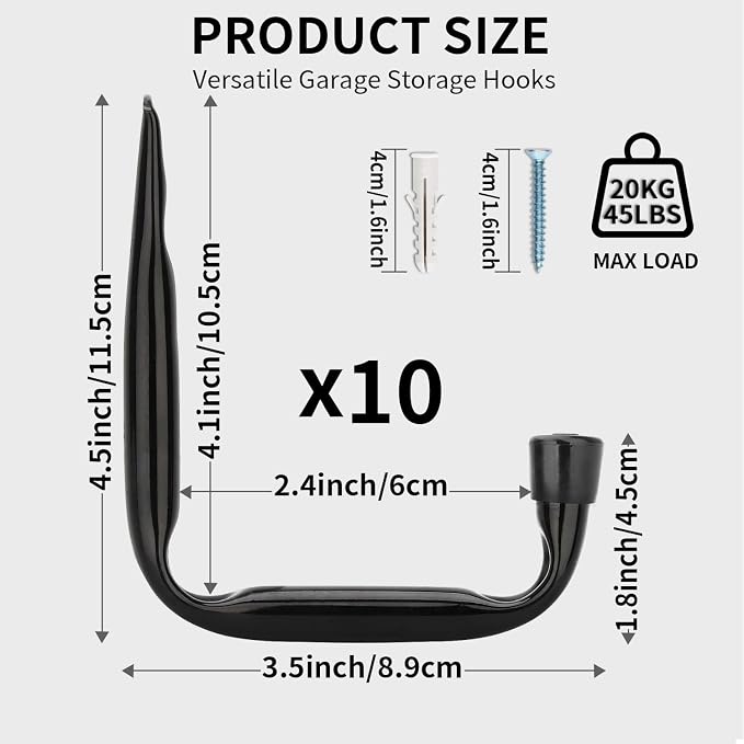 Garage Storage Hooks, Heavy Duty J Utility Hangers (Black, Pack of 10)