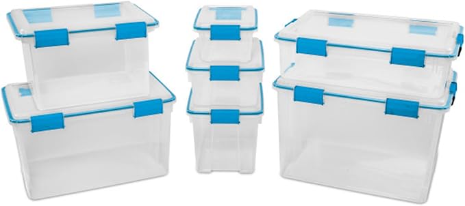 Sterilite Gasket Storage Box w/Lids for Home & Office, 7.5 Quart, 12-Pack | Heavy-Duty, Stackable, and Organizing Containers for Bathroom, Cabinet, Closet, and Garage, Clear and Blue Aquarium Latches