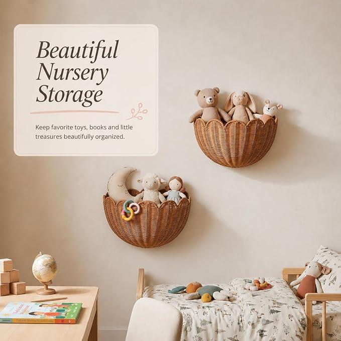 Wall Baskets Woven Scalloped Basket, 100% Handmade Natural Rattan Hanging Wall Basket Decor, Decorative Half Moon Wall Planter for Nursery, Bathroom, Living Room (2 Pack -Large & Small)