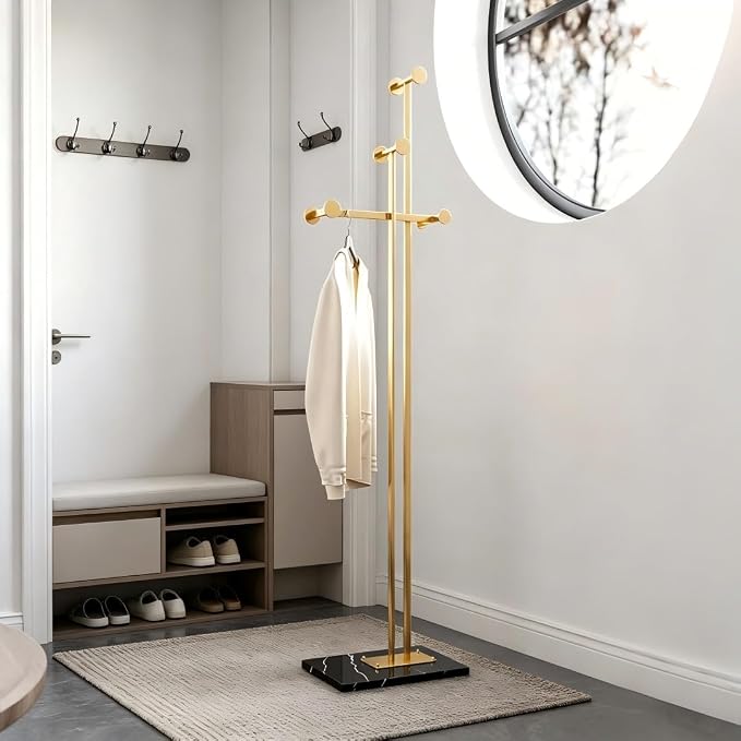 Metal Coat Rack Freestanding for Entryway (Gold) | Heavy Duty, Marble Base, Metal Frame, Essential Items Organizer for Clothes Bags, for Bedroom Living Room Hotel