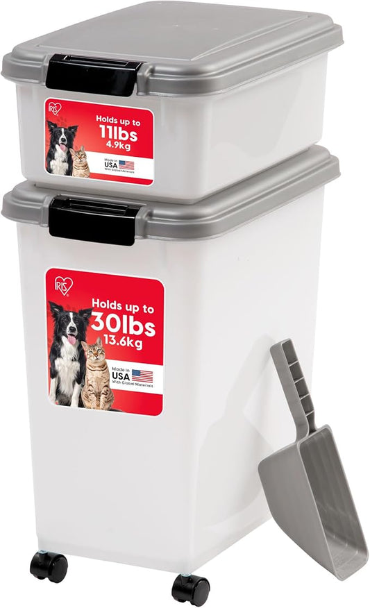 IRIS USA Dog Food Storage Container, Up to 30+11 lbs, Gray/Dark Gray | Made in the USA, Includes 2-Cup Scoop & Wheels, Airtight Seal, BPA-Free, Bird Seed, Cat food, Cat Litter, Treats, Toys