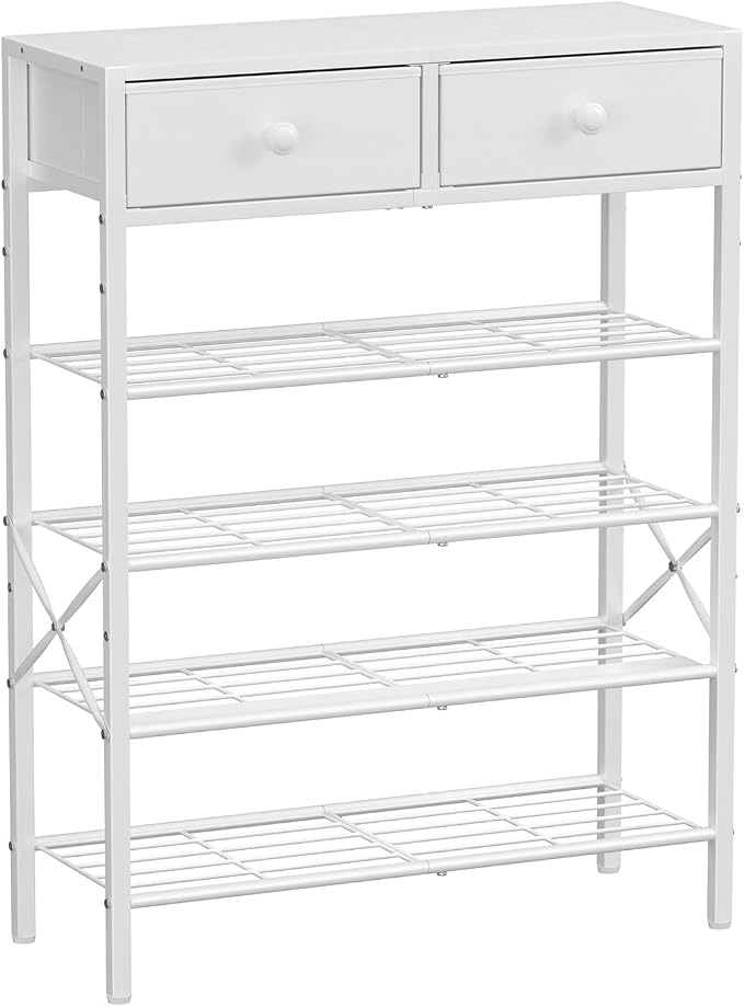 5 Tier Shoe Rack with 2 Drawers, 16-20 Pairs Greige | Holds 16-20 pairs. 2 drawers for socks/keys. Removable layer for boots. Anti-tip kit included. Quick assembly.