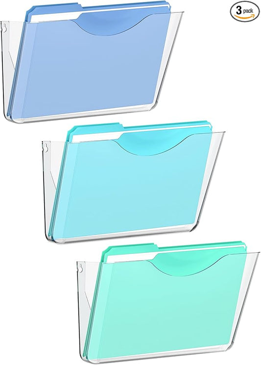Clear Acrylic Wall File Holder, 3 Pack Wall Mount Single Pocket Organizer | One-piece design, no assembly needed, screws not included, ideal for mail magazines folders office home classroom use