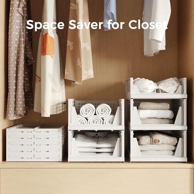 Pinkpum 5 Pack Stackable Plastic Storage Closet Organizers and Storage Bins Drawer Shelf Storage Container for Wardrobe Cupboard Kitchen Bathroom Office White | Drawer Shelf Storage Container for Wardrobe Cupboard Kitchen Bathroom Office White Foldable...