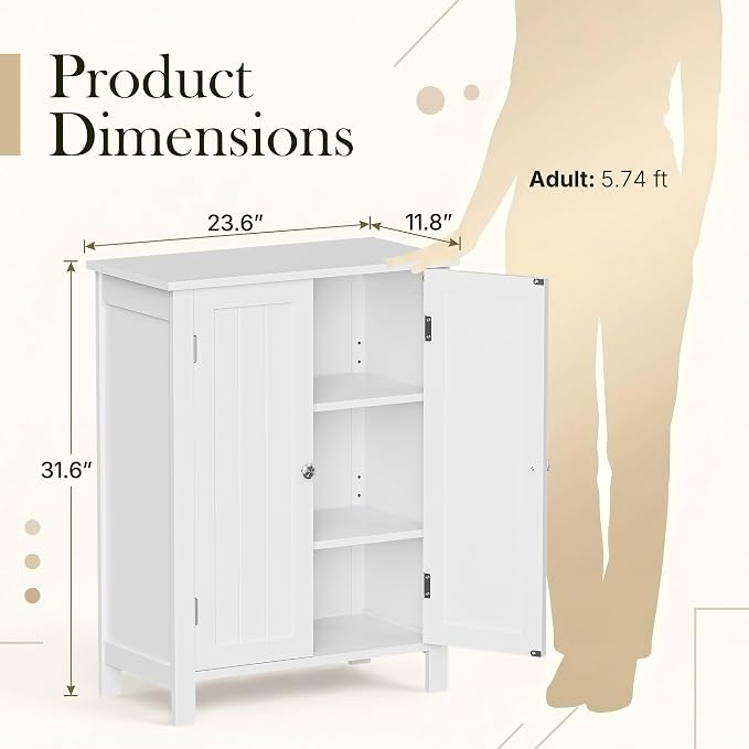 SUPER DEAL Modern Bathroom Floor Storage Cabinet with Adjustable Shelf and Double Door Rust Proof, Living Room Modern Home Furniture Storage Organizer Cabinet