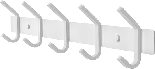 White Coat Rack Wall Mount – 15 Inch Stainless Steel Hook Rail with 5 Heavy Duty Double Coat Hooks – Wall Mounted Coat Hanger for Entryway, Bathroom, Bedroom, Towel, Hat Organizer