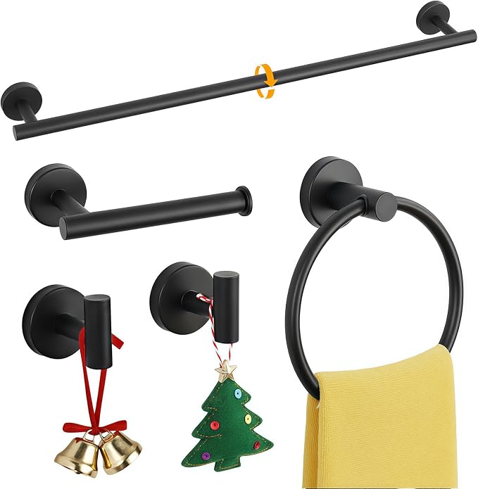 5-Piece Matte Black Bathroom Hardware Set, Towel Racks Set for Bathroom SUS304 Stainless Steel Toilet Paper Holder Wall Mounted, 24 Inch Modern Bathroom Accessories Kit
