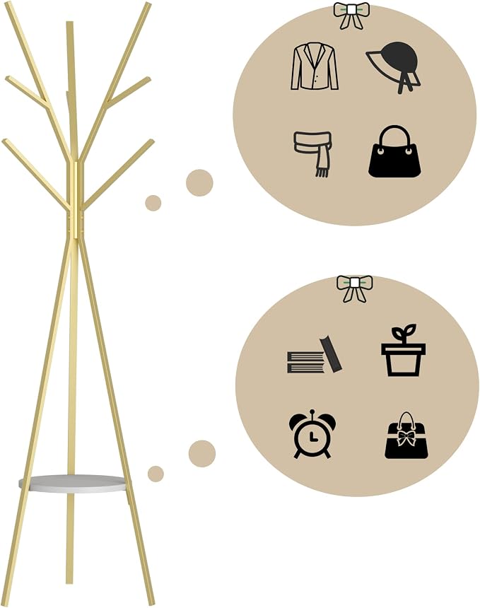 HOME BI Coat Rack Hat Stand Free Standing Display Hall Tree Metal Hat Hanger Garment Storage Holder with 9 Hooks for Clothes Hats and Scarves in Gold,17.72" Wx17.72 Dx70.87