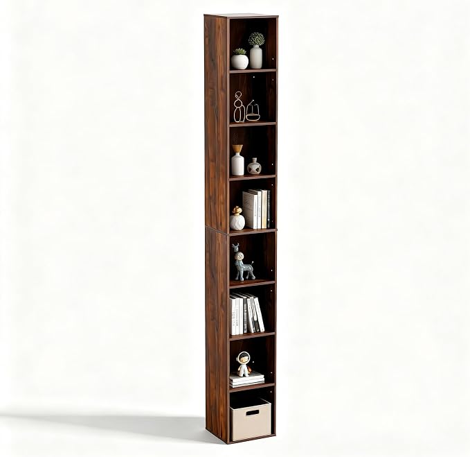 8-Cube Storage Organizer Bookcase, Tall Narrow Bookshelf for Home Office (Dark Brown)