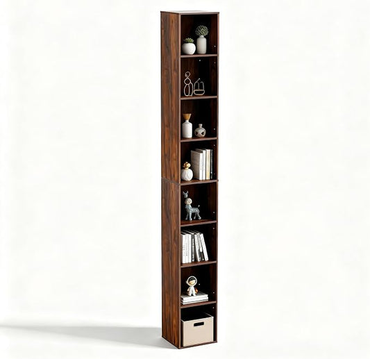 8-Cube Storage Organizer Bookcase, Tall Narrow Bookshelf for Home Office (Dark Brown)
