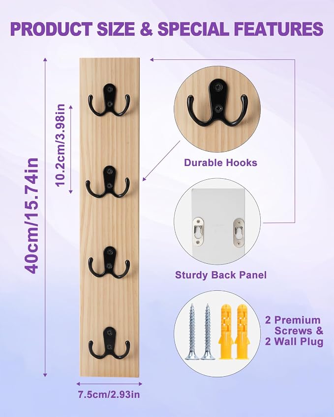 UCEC Vertical Wooden Key Rack with Hooks, Space-Saving Entry Wall Organizer | Natural Wood Key Holder for Wall Organizer, Holds Keys, Wallets & Mail, Space-Saving Rack for Entryway, Living Room & Garage