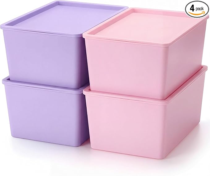 4 Pcs Storage Bins with Lids Plastic Stackable Containers for Classroom Room Organizing Shelves Christmas Ornament Box Baskets(Pink, Purple,Large)