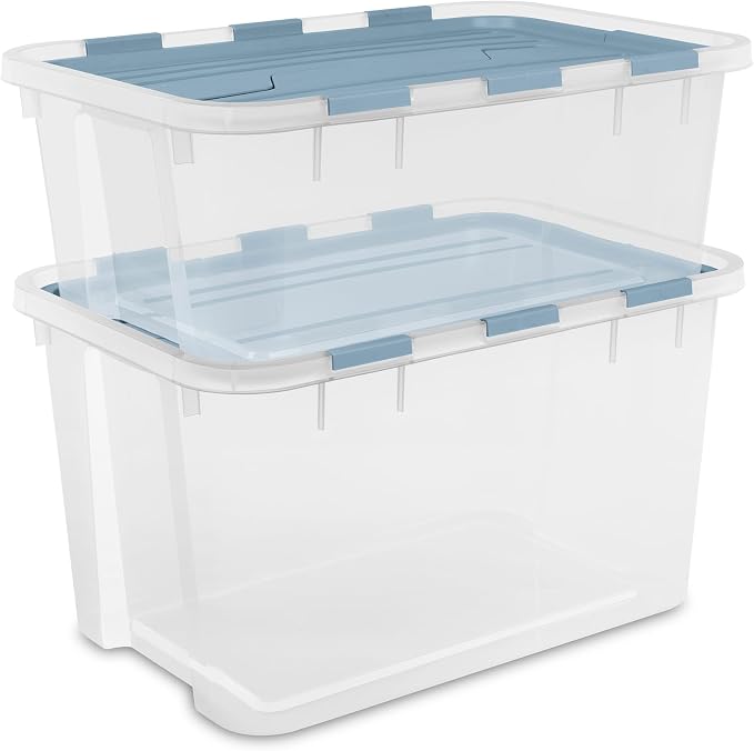Sterilite Hinged Lid Storage Box, Plastic Container, 40 Quart, 6-Pack | Washed Blue - Home Organizer Tote for Storing Shoes, Crafts, Clothing, or Decor