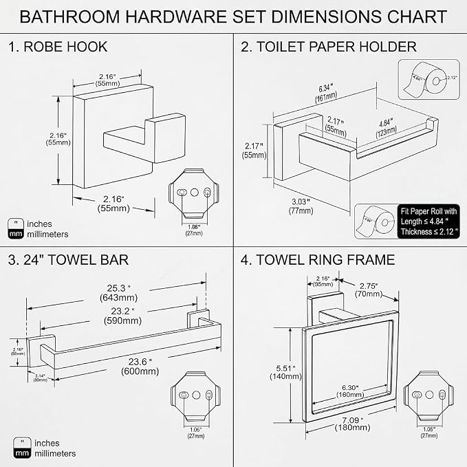 5-Piece Bathroom Hardware Set, 23.6 in Towel Bar, Matte Black | SUS304 stainless steel, 55 mm square bases, concealed screw mount, towel ring, toilet paper holder, 2 robe hooks