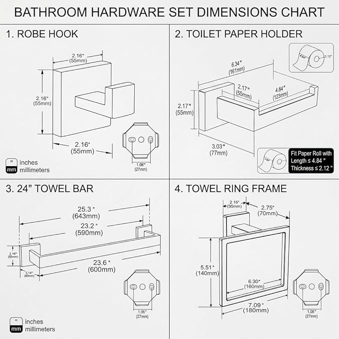 5-Piece Bathroom Hardware Set, 23.6 in Towel Bar, Brushed Nickel | SUS304 stainless steel, 55 mm square bases, concealed screw mount, towel ring, toilet paper holder, 2 robe hooks