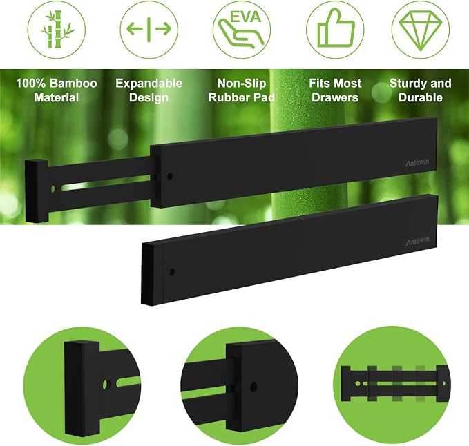 10pack Bamboo Drawer Dividers, Expandable Drawer Separators Splitter, 17-22 inches Adjustable Spring-loaded Organizer for Large Utensil, Clothes, Tools Drawers(Black)