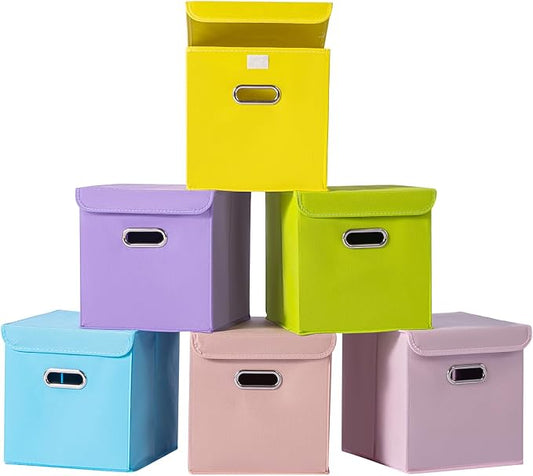 Closet Organizers Fabric Storage Bins With Lids Collapsible Cube Storage Organizer Basket With Handles,Storage Boxes for Clothes Storage,Office,Laundry,Shelves,6 Pack,(multicolour)