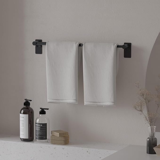 Adjustable Towel Bar, 16.7inch to 28.5inch Towel Racks for Bathroom, Self Adhesive Towel Rack Wall Mounted, 304 Stainless Steel Stick on Bathroom Towel Rod (Matte Black, 2 Pack)