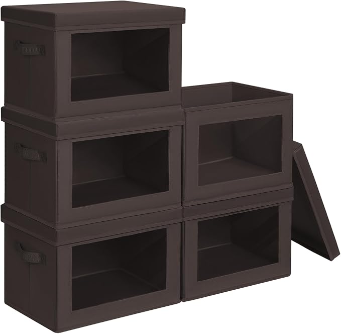 Homsorout Stackable Storage Bins with Lids - Large Decorative Basket with Lids, Fabric Foldable Closet Organizer Bins, Shelf Organizer for Living Room, Dorm, 5 Pack, Brown