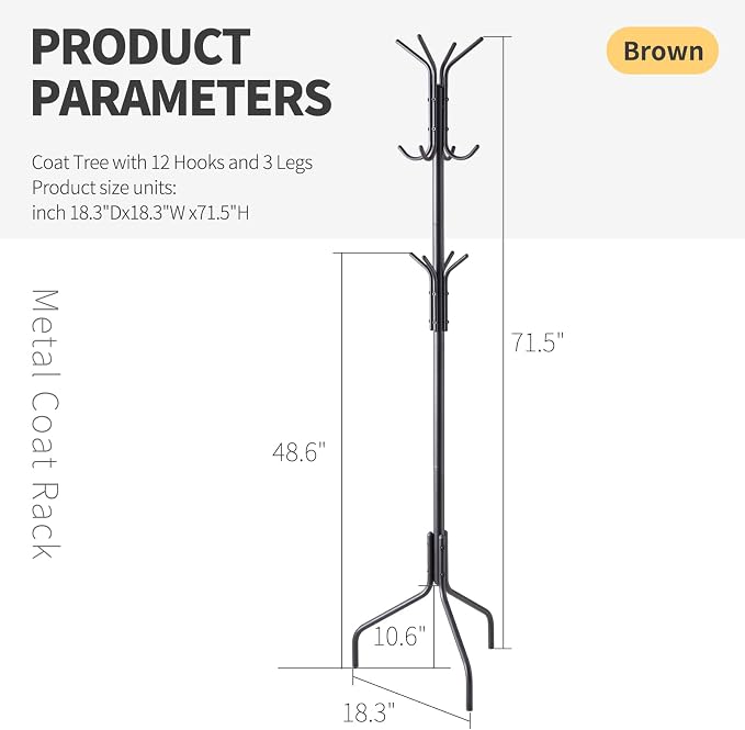Coat Rack Freestanding,hat and coat rack stand for entryway,Living Room,Bedroom,Metal coat tree with12 Hooks and 3 Legs (Black)