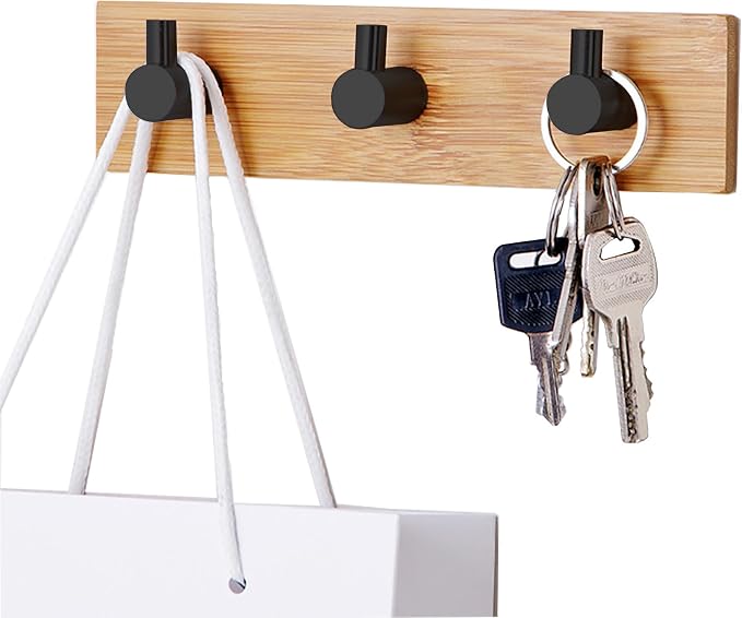 Kingdong Bamboo Wood Key Holder for Wall - Key Hanger with Hooks - Decorative Wall Hooks for Hanging Heavy Duty Key Organizer for Kitchen, Bedroom, Bathroom - Ideal Coat Rack (3 Hooks, Black)