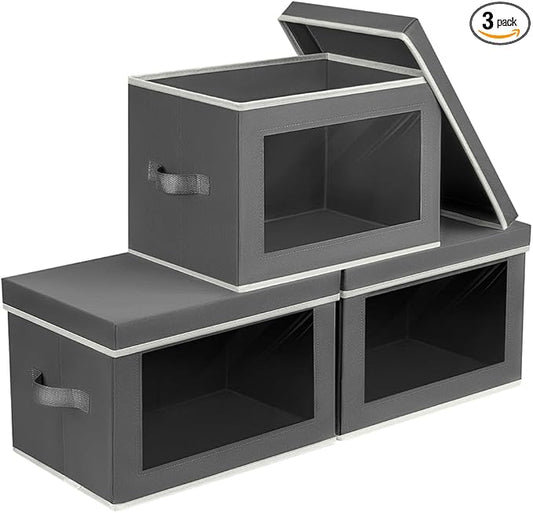 Homsorout Storage Bins with Lids - Fabric Storage Boxe with Window, Collapsible Closet Organizers with Handles, 3 Pack Decorative Bin, Home Cubes Baskets for Clothes, Hat, Books, Dark Grey