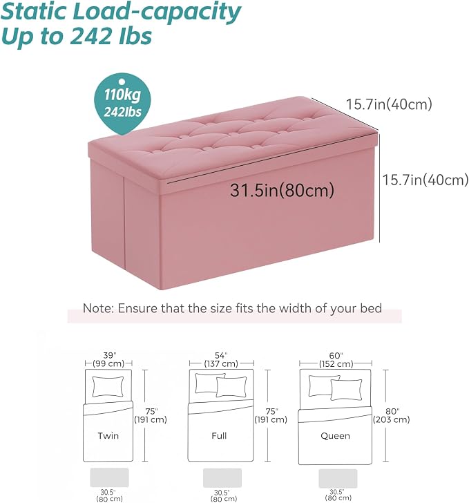 BRIAN & DANY Folding Storage Ottoman Bench, Ottoman with Storage, Foot Rest, Benches Seat for Bedroom, Living Room, Entryway, Long Shoes Bench, 15.7" x 31.5" x 15.7" Dusty Pink