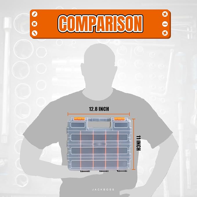 Jack Boss Tool Box with Transparent Lid, Double Side 34-Compartments Organizer Box with Removable Dividers for Hardware, Screws, Bolts, Nails, Beads, Jewelry and Fishing Accessories, Orange, 2 Pack