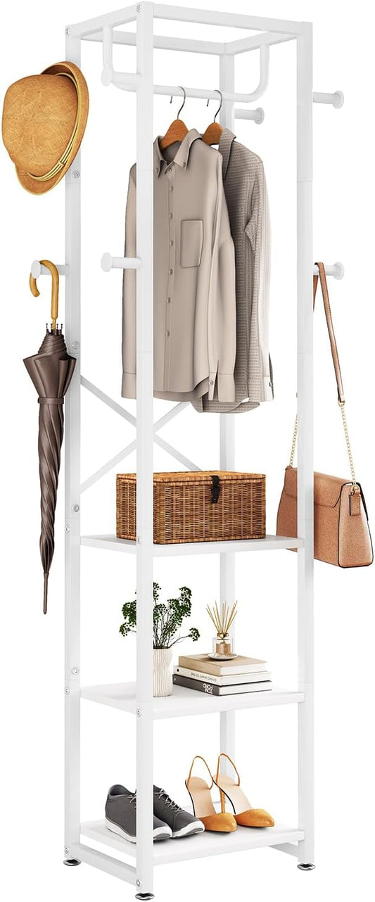 IBUYKE Freestanding Coat Rack,with 3 Shelves and 8 Hooks,White UTMJ088W | Metal Frame,Industrial Hall Tree,Clothes Stand for Entryway, Hallway, Bedroom,Office, Living Room